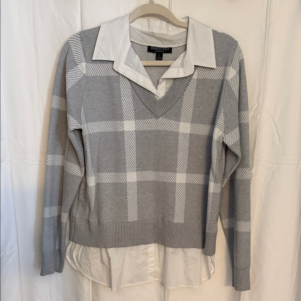 Absolutely Famous Gray and White Plaid V-Neck Sweater with Shirt Detail